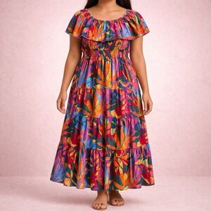 Terra & Sky 4x Colorful Summer Floral On or Off Shoulder Boho Style Ruffle Dress